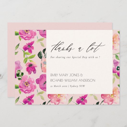 レトロブライトピンクおもしろい水彩フローラ結婚 サンキューカード (正面/裏面)