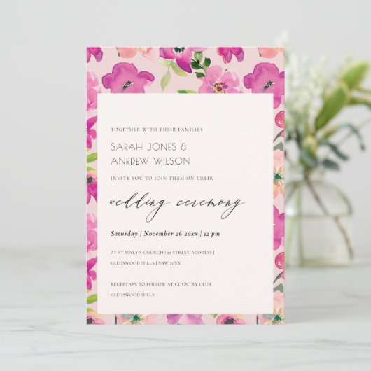 レトロブライトピンクおもしろい水彩フローラ結婚 招待状 (スタンド正面)