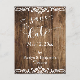 レトロブラウンの木とファンシーなタイポグラフィーのSave the Date 案内ポストカード