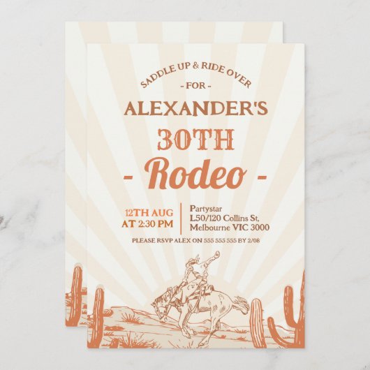 レトロブラウンカウボーイをテーマにした30歳の誕生日 招待状 (正面/裏面)