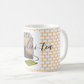 レトロブラウングリーンティーバッグオンオレンジブリック コーヒーマグカップ (正面右)