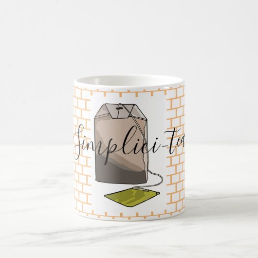 レトロブラウングリーンティーバッグオンオレンジブリック コーヒーマグカップ (中央)