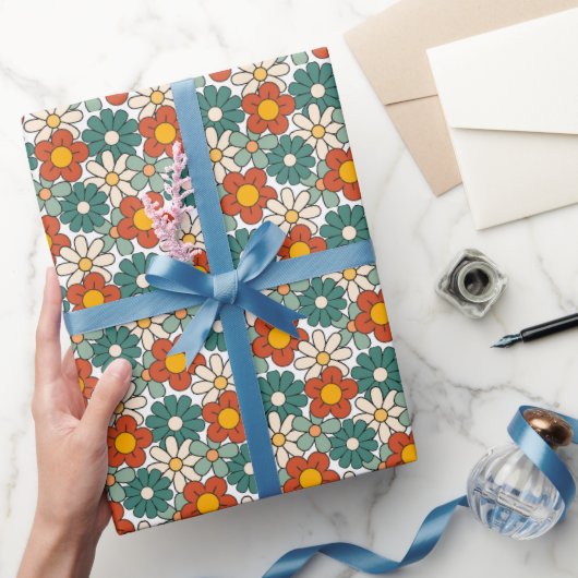 レトロブラウングリーンヒッピーフローラグルーヴィ ラッピングペーパー (ギフト)