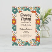 レトロブラウングリーンフローラグルーヴィ80誕生日 招待状 (スタンド正面)