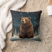 レトロブラウンベア真夜中の冬の風景 クッション (ブランケット)