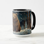 レトロブラウンベア真夜中の冬の風景 マグカップ (正面右)