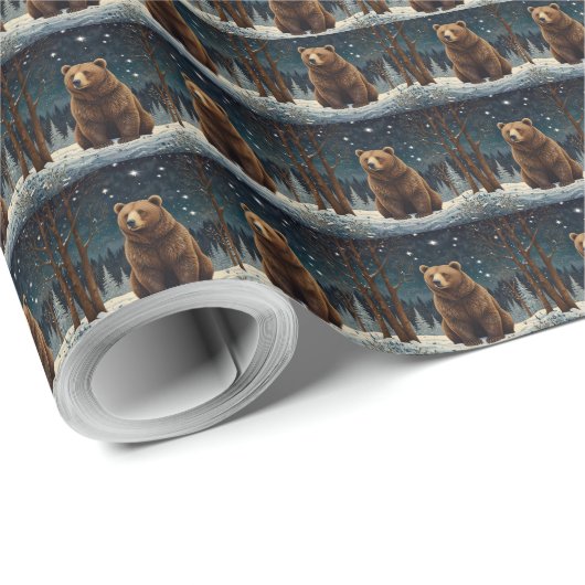 レトロブラウンベア真夜中の冬の風景 ラッピングペーパー (ロールコーナー)