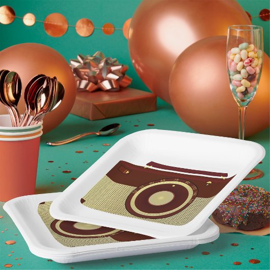 レトロブラウン及び金ゴールドアンティーク無線機 ペーパープレート