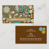 レトロブラウン、ターコイズペイズリーモチーフフローラ 名刺 (正面/裏面)