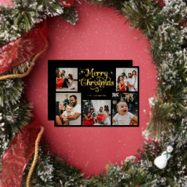 レトロブラックとゴールドのメリークリスマス家族写真 箔シーズンカード