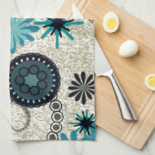 レトロブラックとティール(緑がかった色) キッチンタオル (四つ折り)