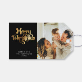 レトロブラックと金ゴールドメリークリスマスファミリーフォト ギフトタグ