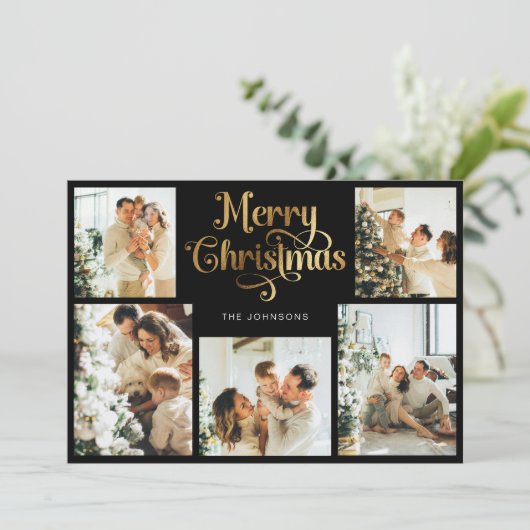 レトロブラックと金ゴールドメリークリスマスファミリーフォト シーズンカード (スタンド正面)