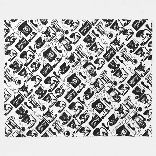 レトロブラックまたは任意の色と白の電話パターン フリースブランケット (正面(横))