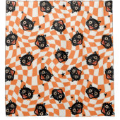 レトロブラックキャットオレンジチェックパターン シャワーカーテン (正面)