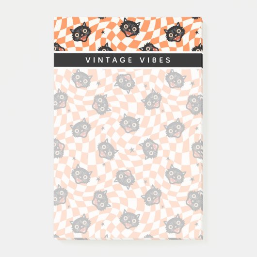 レトロブラックキャットオレンジチェックパターン ポストイット (正面)