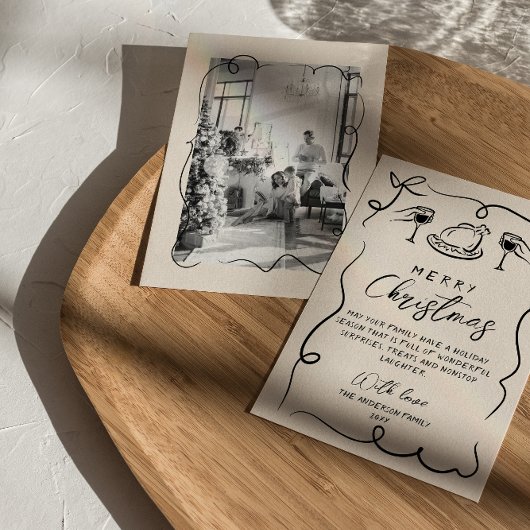 レトロブラッククリーム手描きフォトメリークリスマス シーズンカード