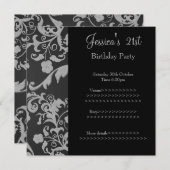 レトロブラックグレーメタリックフローラ21歳誕生日3 招待状 (正面/裏面)