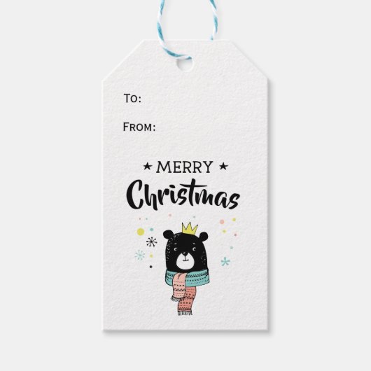 レトロブラックベアスカーフのメリークリスマススター ギフトタグ (正面)