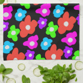 レトロブラックレインボーカラフルフラワーパターン キッチンタオル (折り畳み)