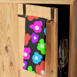 レトロブラックレインボーカラフルフラワーパターン キッチンタオル