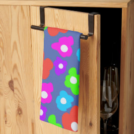 レトロブラックレインボーカラフルフラワーパターン キッチンタオル