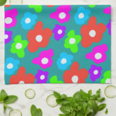 レトロブラックレインボーカラフルフラワーパターン キッチンタオル (折り畳み)