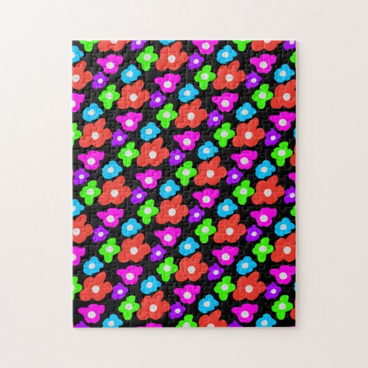 レトロブラックレインボーカラフルフラワーパターン ジグソーパズル (縦)