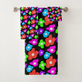 レトロブラックレインボーカラフルフラワーパターン バスタオルセット