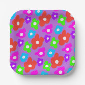 レトロブラックレインボーカラフルフラワーパターン ペーパープレート (正面)