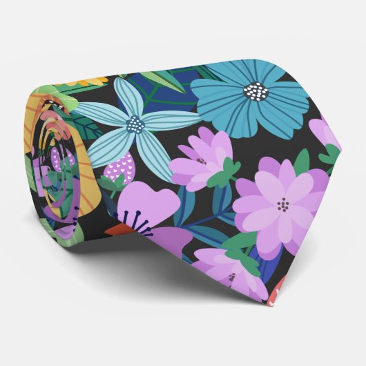 レトロブラックレインボーフラワーパターン ネクタイ (ロール)