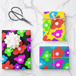 レトロブラックレインボープライドカラーフラワーパターン ラッピングペーパーシート