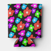 レトロブラックレインボープライドカラーフラワーパターン 缶クーラー (正面)