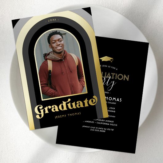 レトロブラック写真卒業パーティー金ゴールド 箔招待状