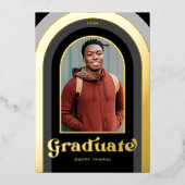 レトロブラック写真卒業パーティー金ゴールド 箔招待状 (正面)