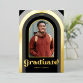 レトロブラック写真卒業パーティー金ゴールド 箔招待状 (立ち正面)