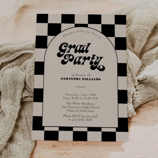 レトロブラック市松模様にアーチ写真卒業パーティー 招待状