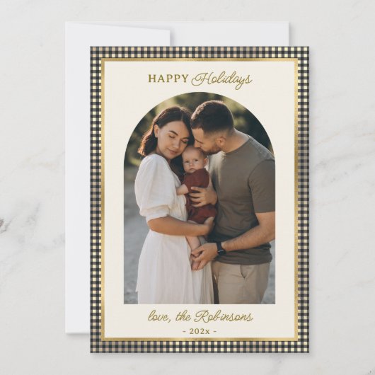 レトロブラック金ゴールドプレイドアーチフォトクリスマスハッピー シーズンカード (正面)