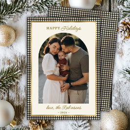 レトロブラック金ゴールドプレイドアーチフォトクリスマスハッピー シーズンカード