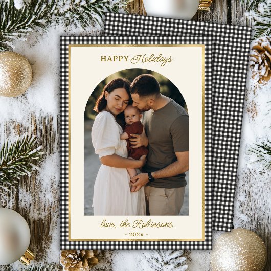 レトロブラック金ゴールドプレイドアーチフォトクリスマスハッピー シーズンカード