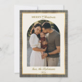 レトロブラック金ゴールドプレイドアーチフォトメリークリスマス シーズンカード (正面)