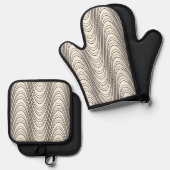 レトロブラック&ホワイトモイストライプレトリップ（幻覚体験）のような抽象芸術 鍋つかみ&鍋敷きセット (正面/裏面)
