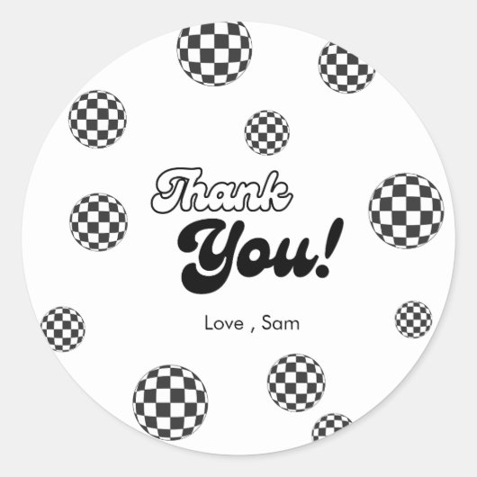 レトロブラック&ホワイト市松模様にサンキュー誕生日 ラウンドシール (正面)