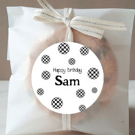 レトロブラック&ホワイト市松模様にハッピーバースデー名 ラウンドシール