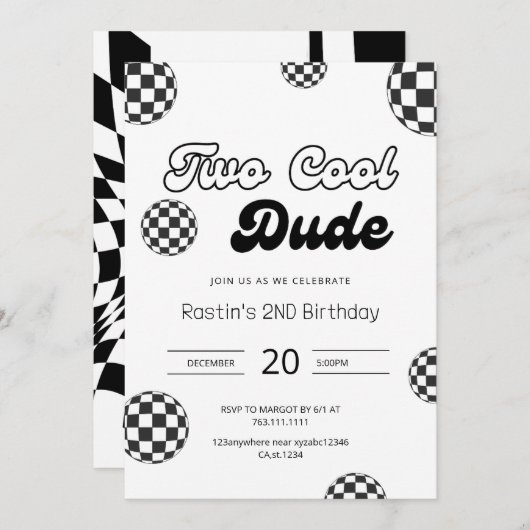 レトロブラック&ホワイト市松模様にパターン2nd誕生日 招待状 (正面/裏面)