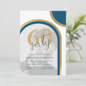 レトロブルーと金ゴールドフォト60誕生日 招待状 (スタンド正面)