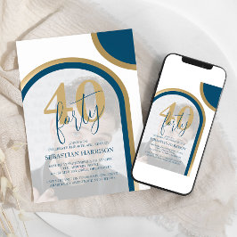 レトロブルーと金ゴールド40thフォト誕生日 招待状