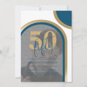レトロブルーと金ゴールド50thフォト誕生日 招待状 (正面)