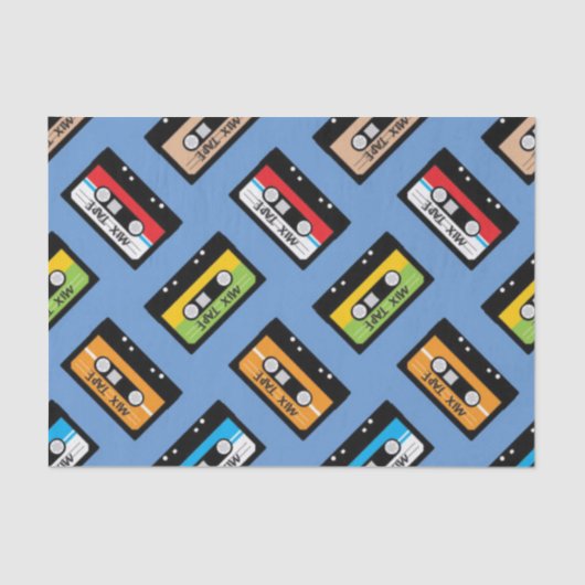 レトロブルーのカセットテープ柄誕生日 1980年代 ヴィンテージ 薄葉紙 (正面)