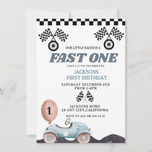 レトロブルーのスピードスター男の子1歳の誕生日 車 男の子 招待状